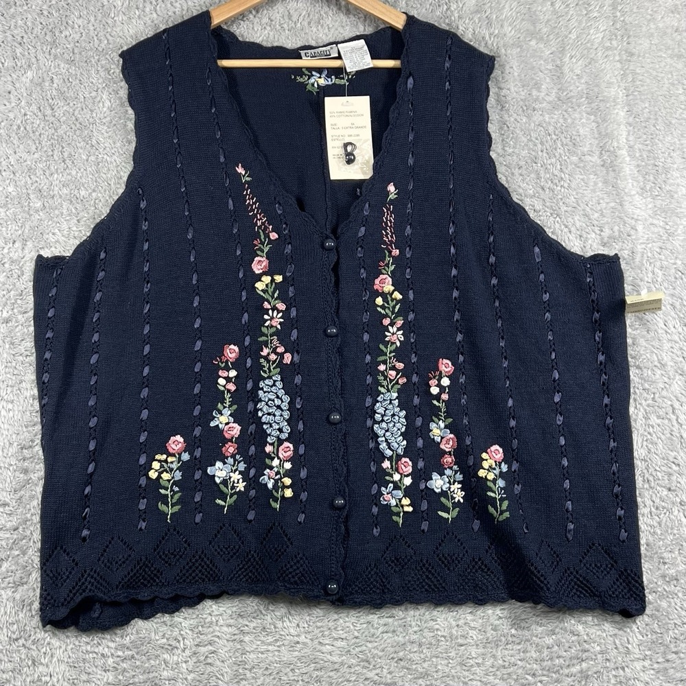 Capacity Sweater Vest Women 5X Blue Floral Hand Embroidered Button Up Grannycore